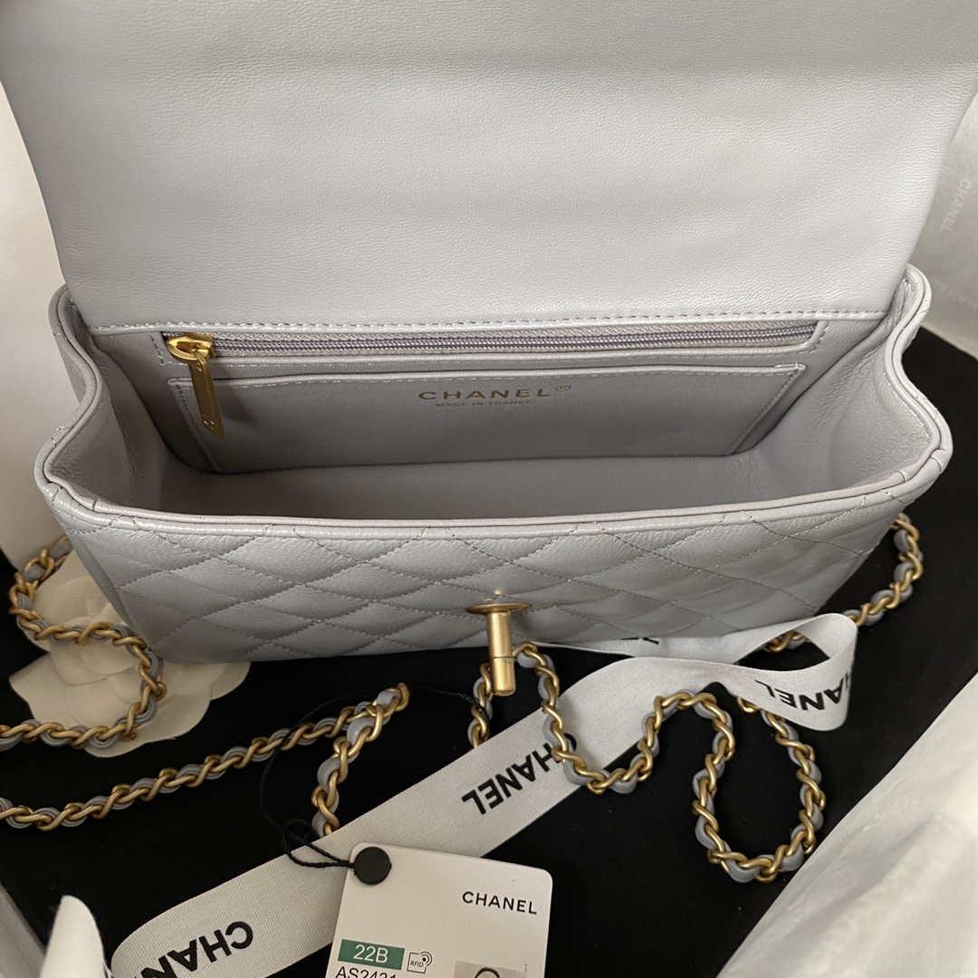 Chanel AS2431 Mini flap Gray Lambskin bag with top handle Gold