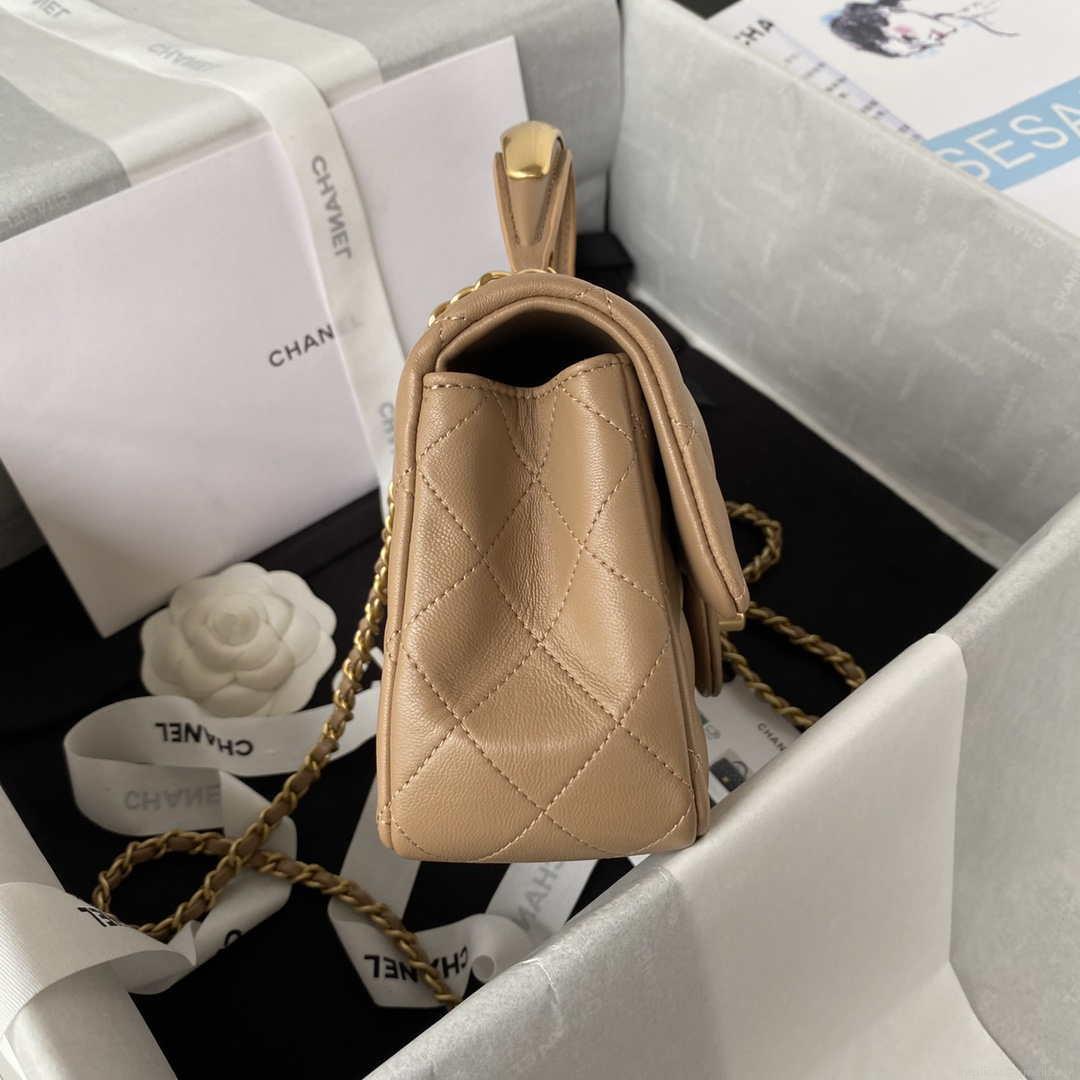 Chanel AS2431 Mini flap Tan Lambskin bag with top handle Gold