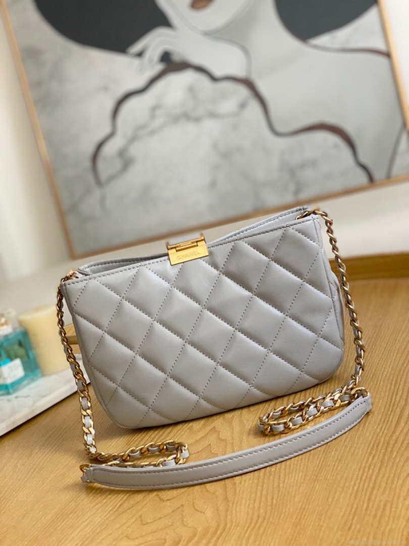 Chanel AS3476 Hobo Handbag Lambskin Light Grey