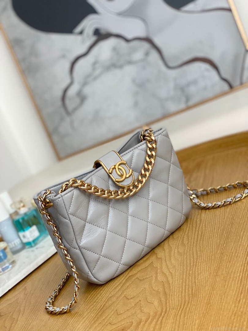 Chanel AS3476 Hobo Handbag Lambskin Light Grey