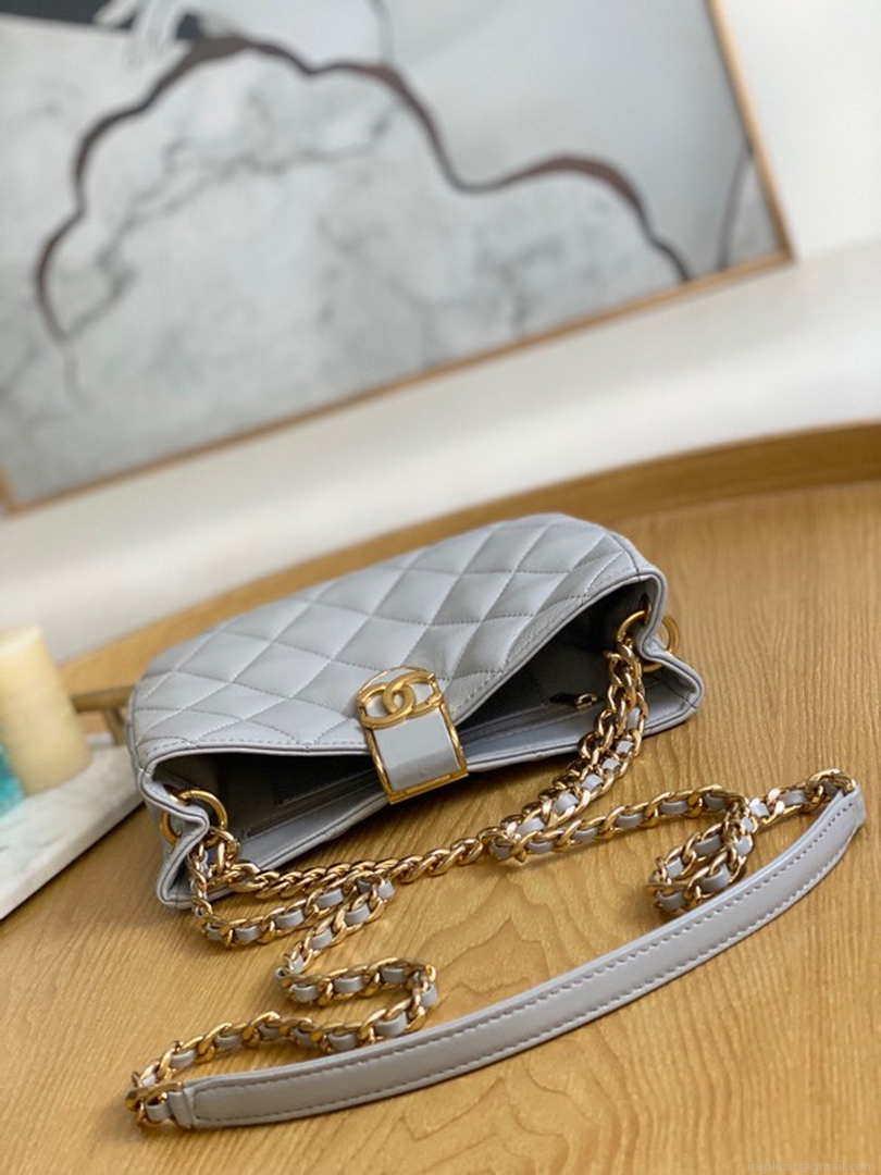 Chanel AS3476 Hobo Handbag Lambskin Light Grey