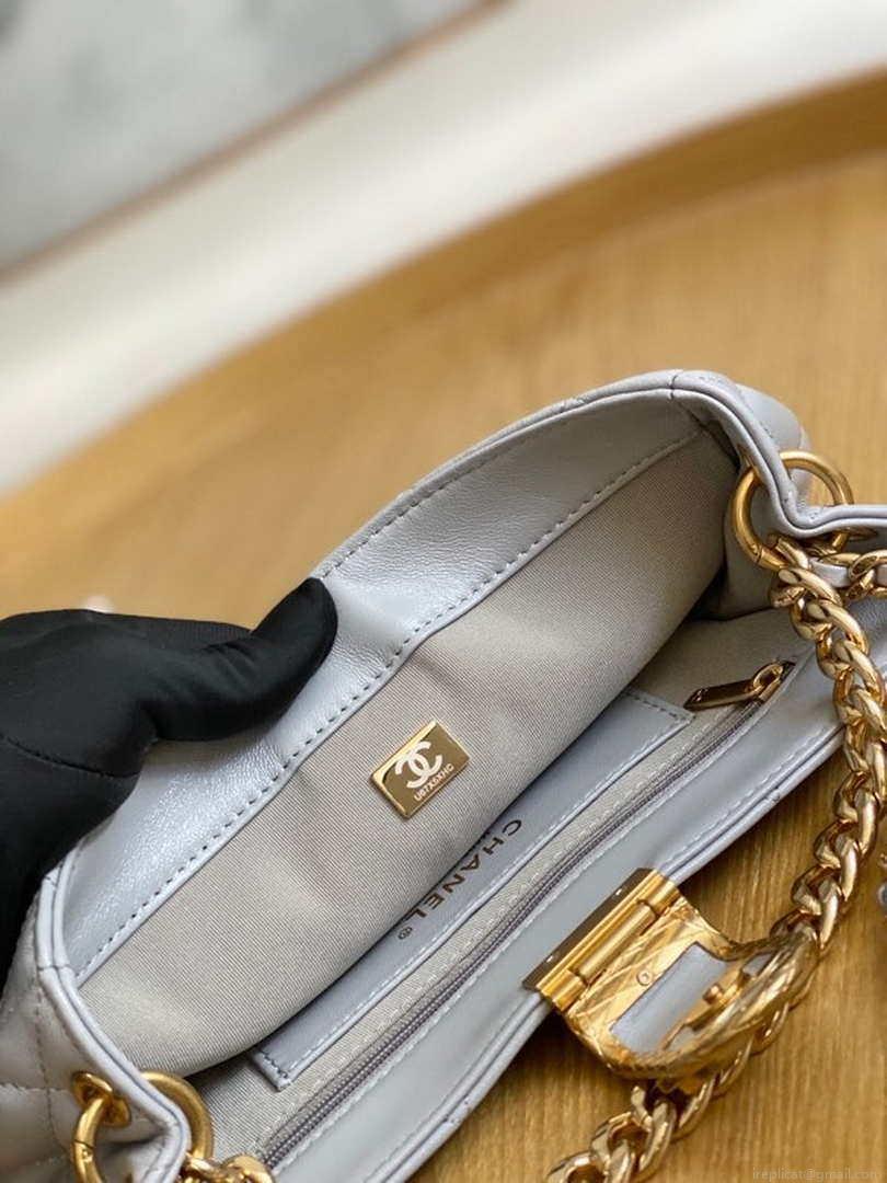 Chanel AS3476 Hobo Handbag Lambskin Light Grey