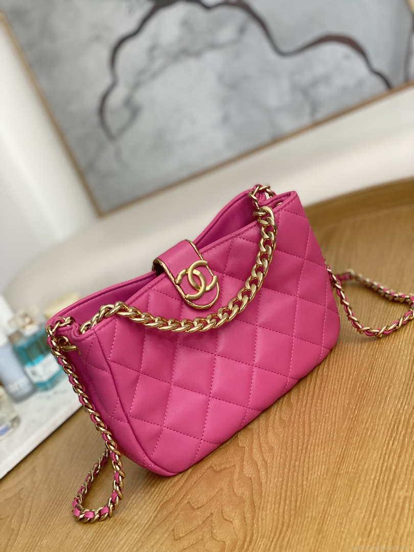 Chanel AS3476 Hobo Handbag Lambskin Rose Red