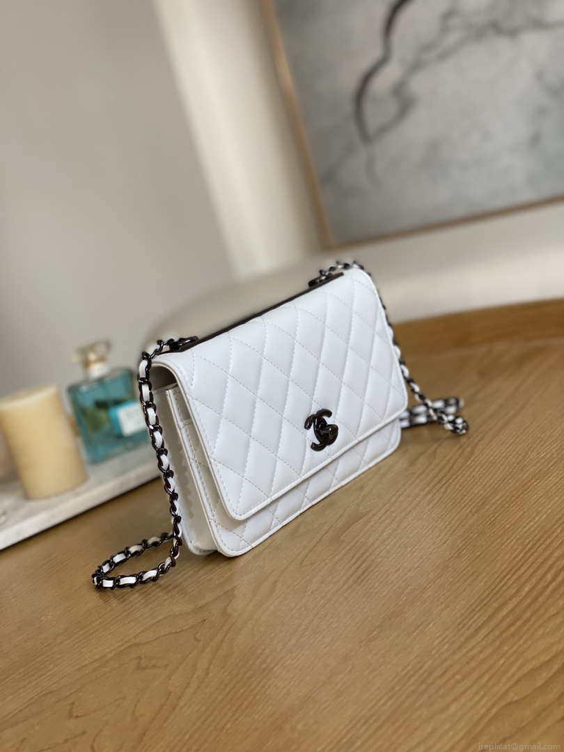 Chanel A88632 WOC 19 Chain Wallet Bag White Lambskin with black havdware