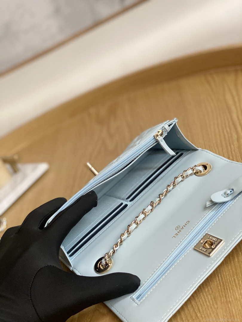 Chanel A88632 WOC 19 Chain Wallet Bag Light Blue Lambskin Gold