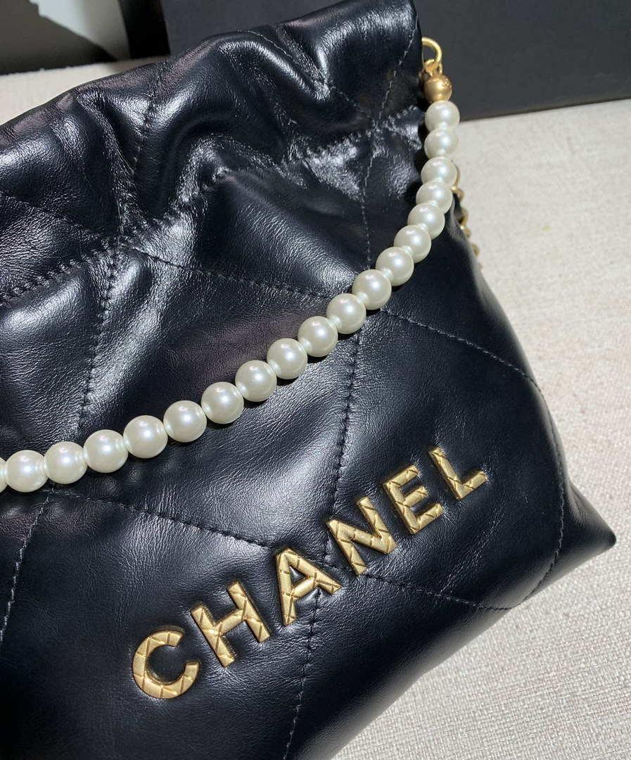 Chanel AS3260 22 Mini Handbag Calfskin Pearl Chain Black with Gold A90