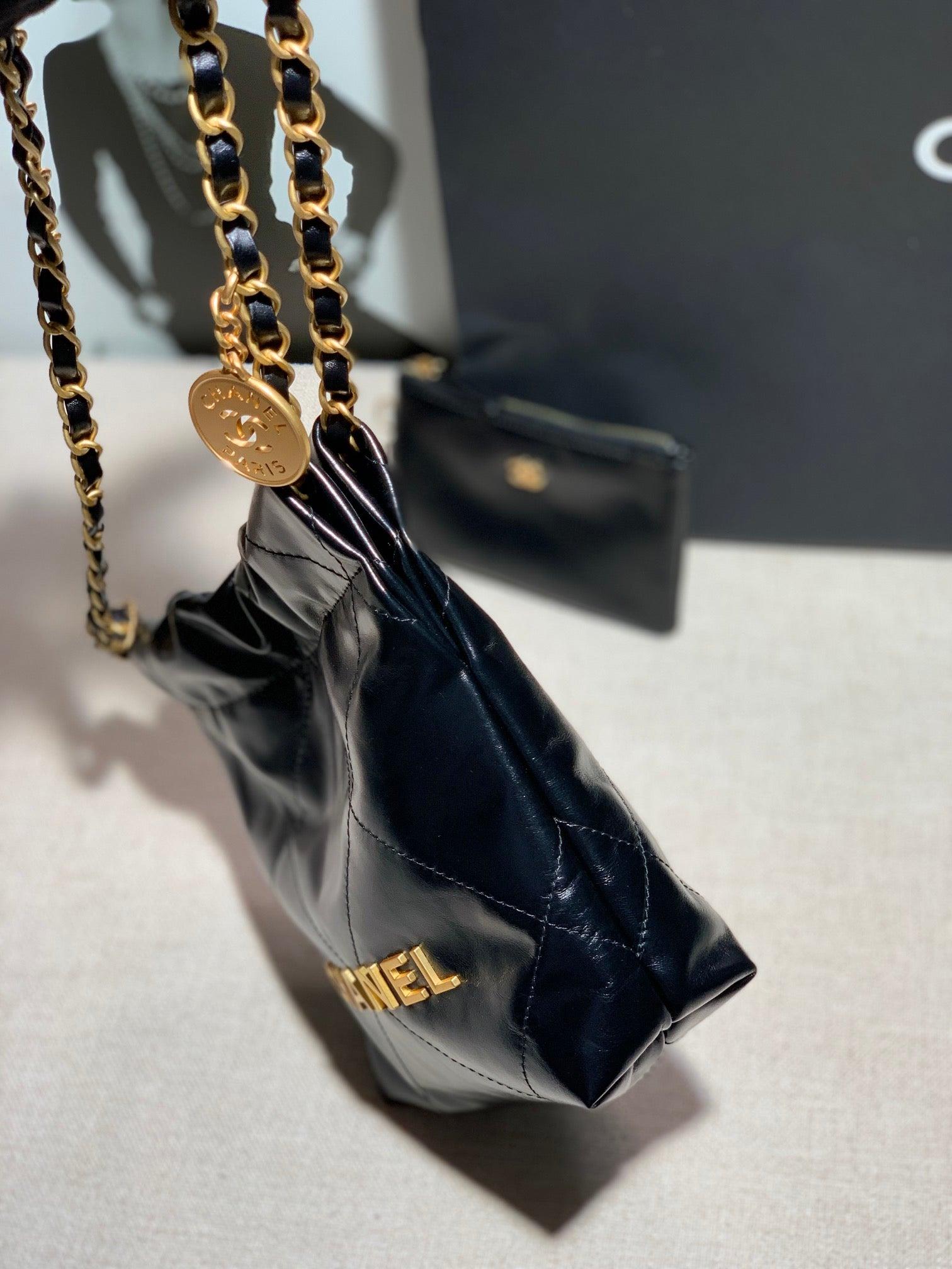 Chanel AS3260 22 Mini Handbag Shiny Calfskin Black with Gold A86