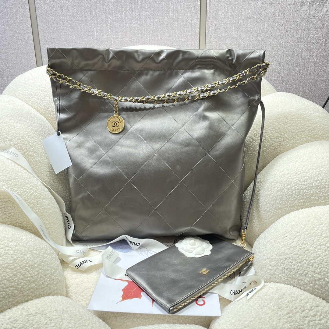 Chanel 22 Large Handbag Shiny Calfskin AS3262 Gray Silver