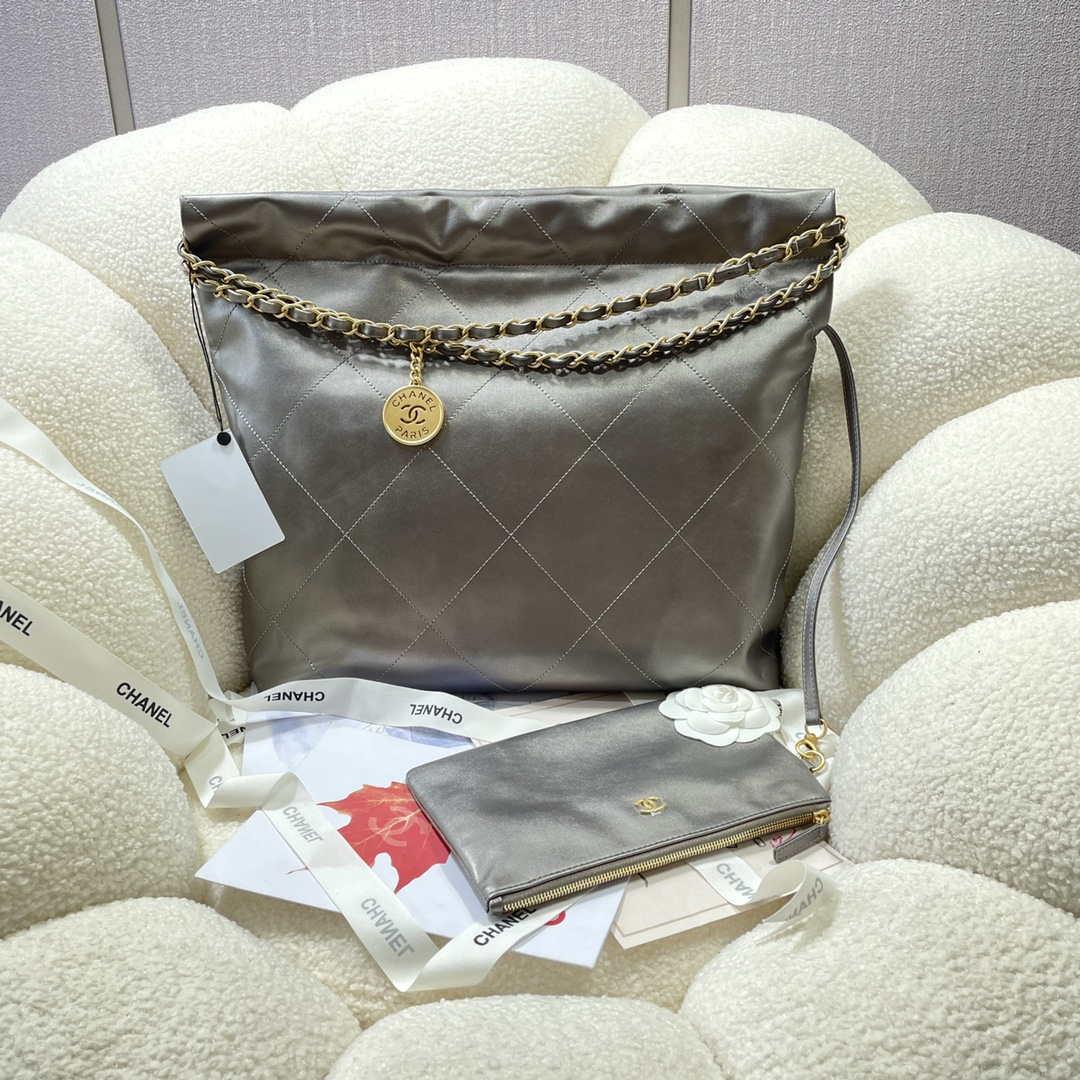 Chanel 22 Handbag Shiny Calfskin AS3261 Gray Silver