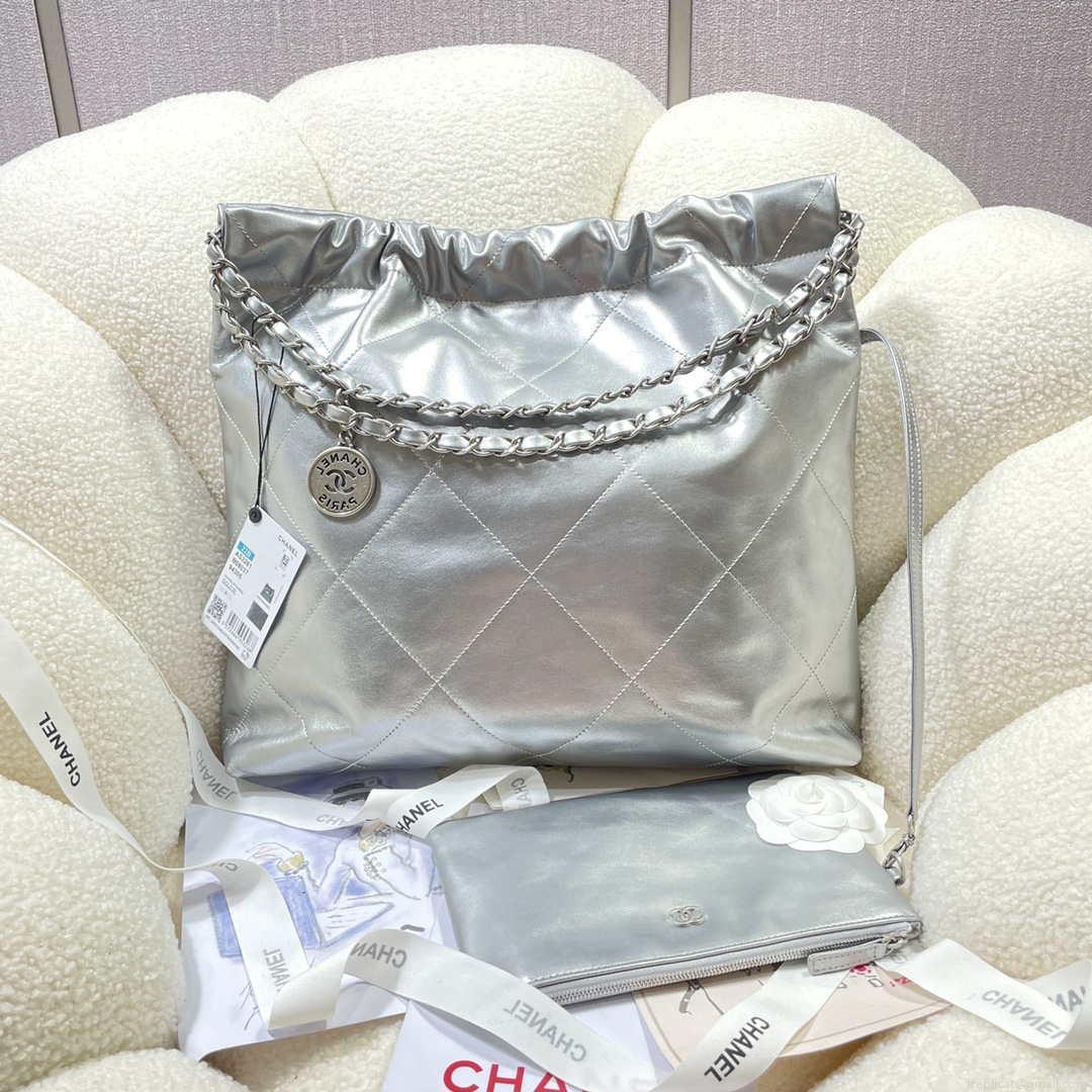 Chanel 22 Handbag Shiny Calfskin AS3261 Silver