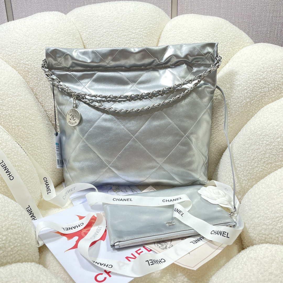 Chanel 22 Small Handbag Shiny Calfskin AS3260 Silver