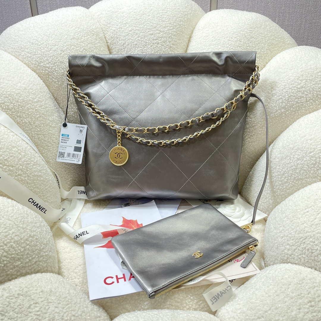 Chanel 22 Small Handbag Shiny Calfskin AS3260 Gray Silver