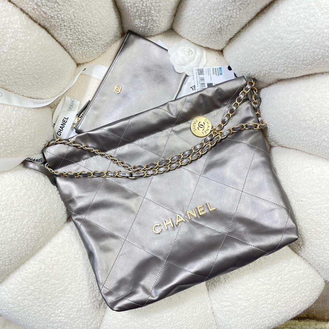 Chanel 22 Small Handbag Shiny Calfskin AS3260 Gray Silver