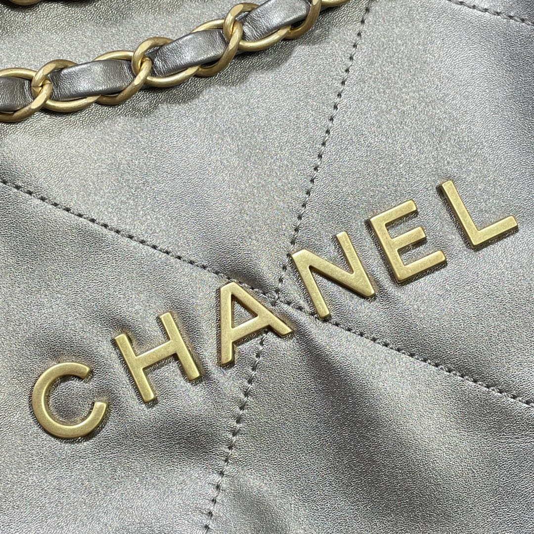 Chanel 22 Small Handbag Shiny Calfskin AS3260 Gray Silver