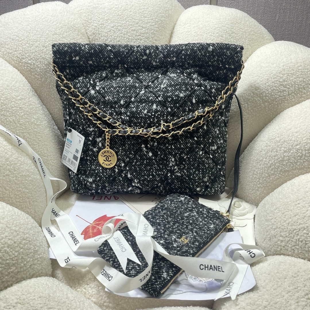 Chanel 22 Handbag Gold-Tone Metal Canvas AS3260 Gray and White