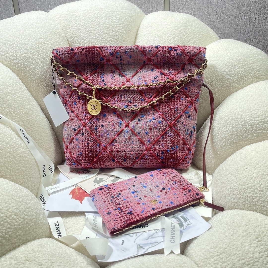 Chanel 22 Handbag Gold-Tone Metal Canvas AS3260 Pink