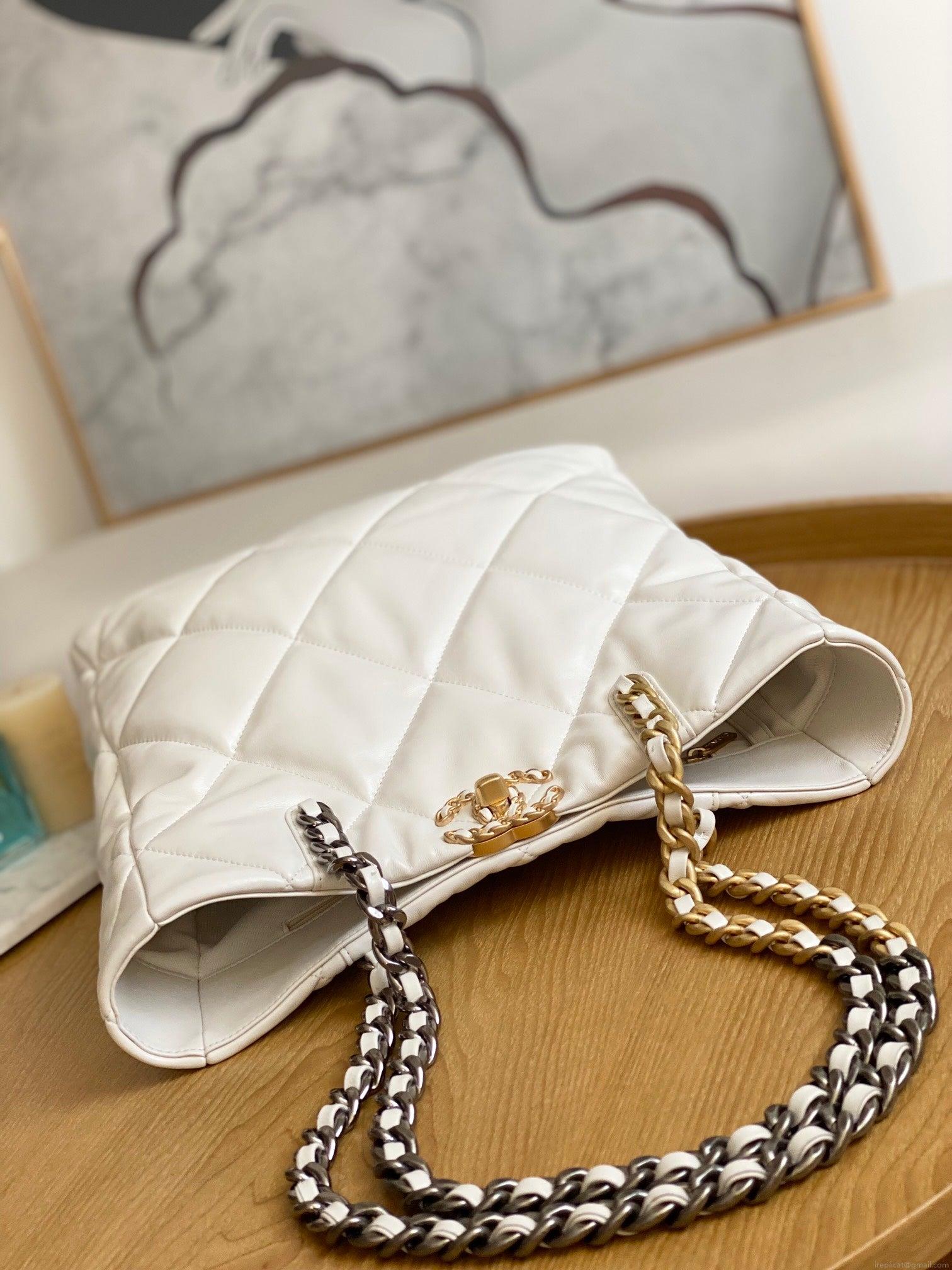 Chanel AS3519 CHANEL19 Shopping Bag Shiny Lambskin White