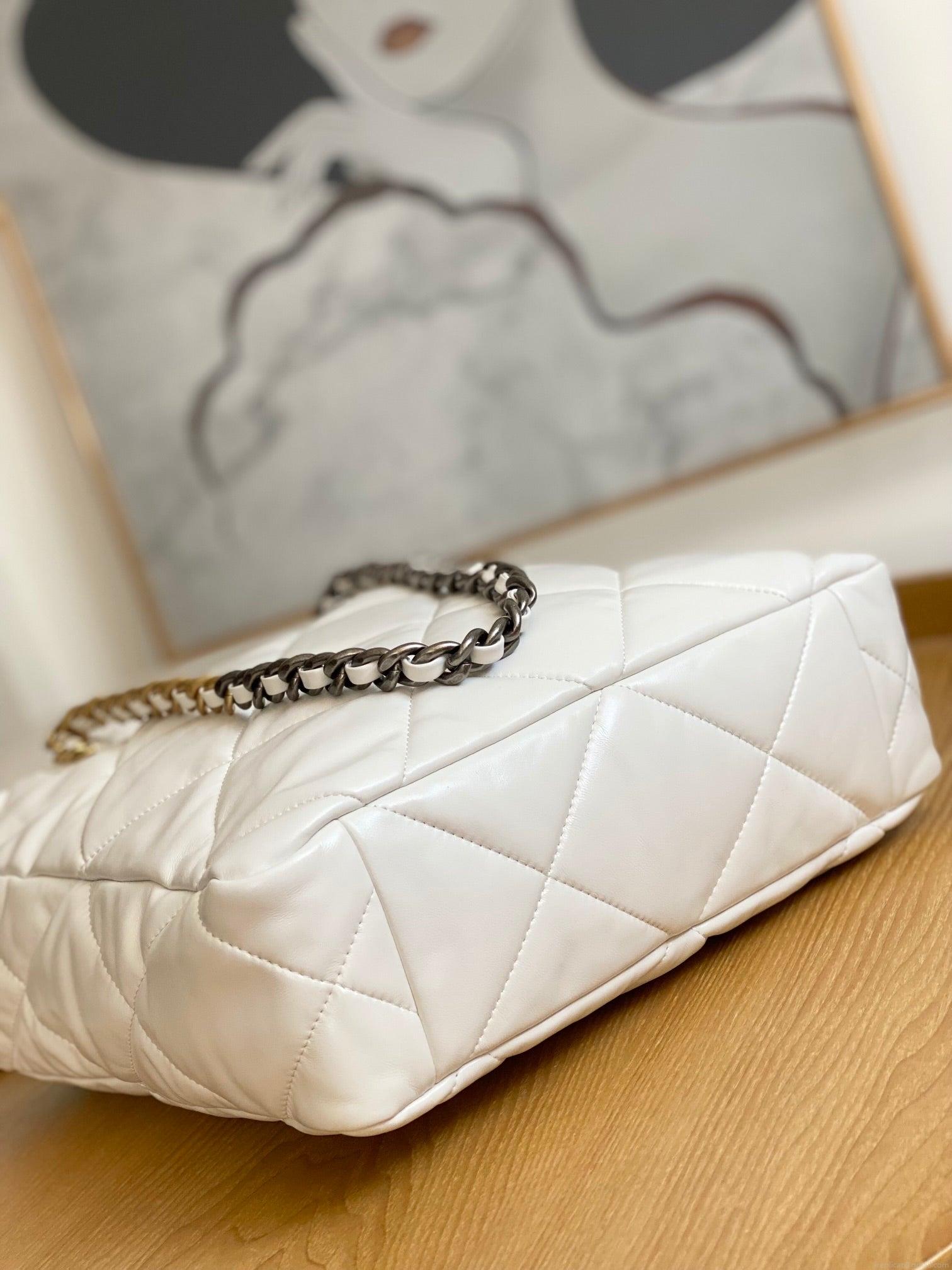 Chanel AS3519 CHANEL19 Shopping Bag Shiny Lambskin White