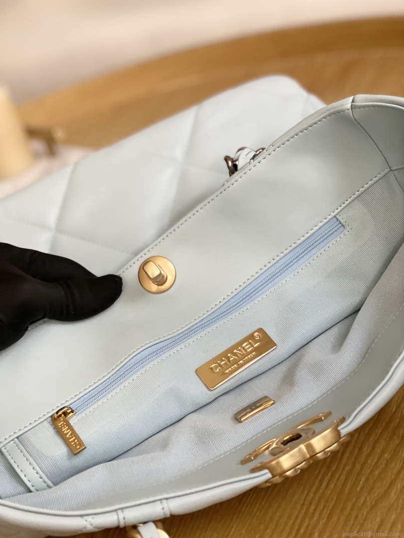 Chanel AS3519 CHANEL19 Shopping Bag Shiny Lambskin Light Blue