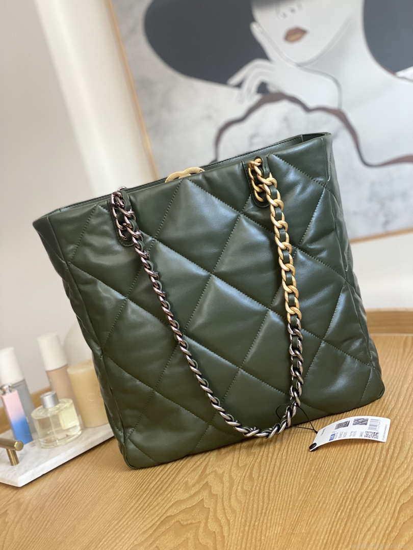 Chanel AS3519 CHANEL19 Shopping Bag Shiny Lambskin Dark Green