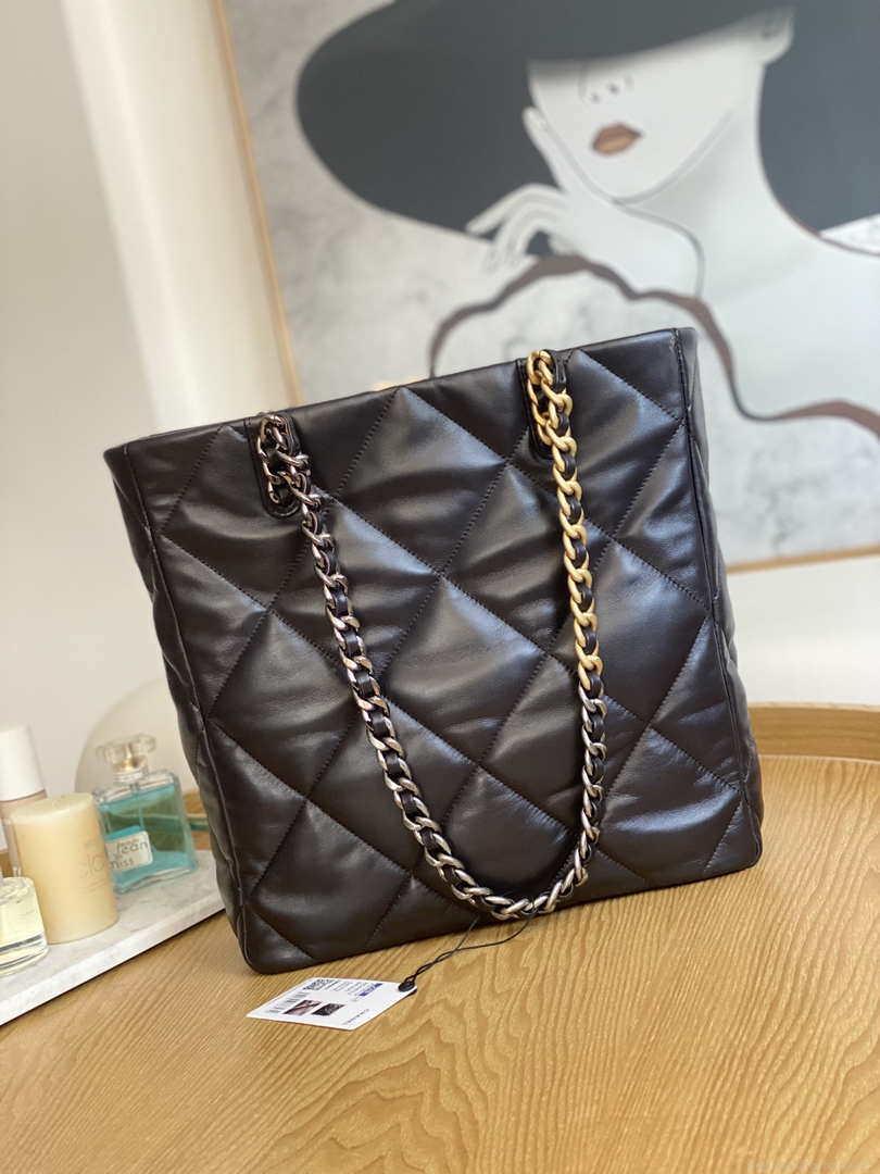Chanel AS3519 CHANEL19 Shopping Bag Shiny Lambskin Dark Brown