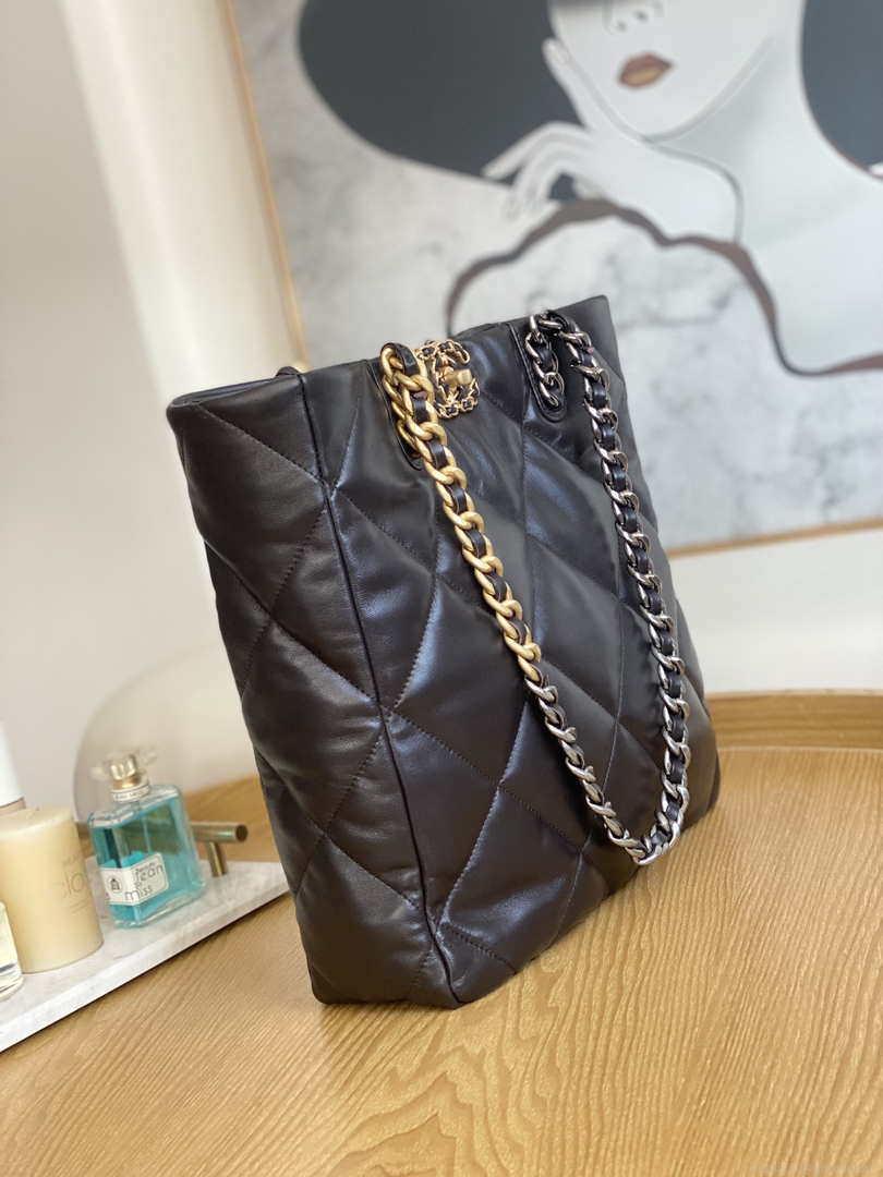 Chanel AS3519 CHANEL19 Shopping Bag Shiny Lambskin Dark Brown