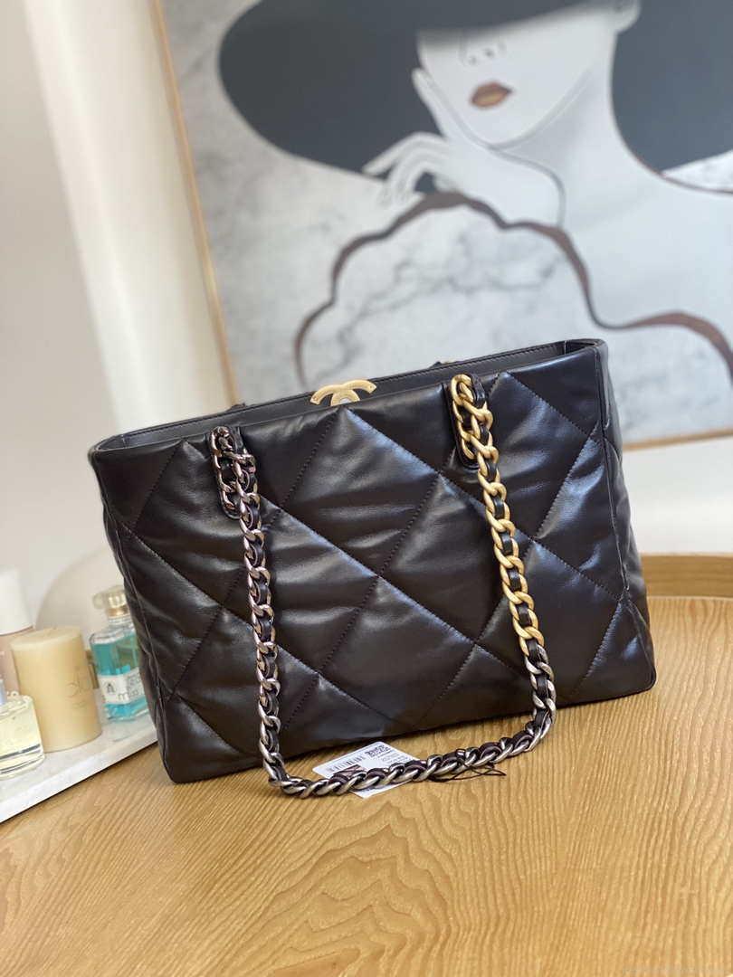 Chanel 19 Shopping Bag Shiny Lambskin AS3660 Gold-Tone Silver-Tone & Ruthenium-Finish Metal Dark Brown