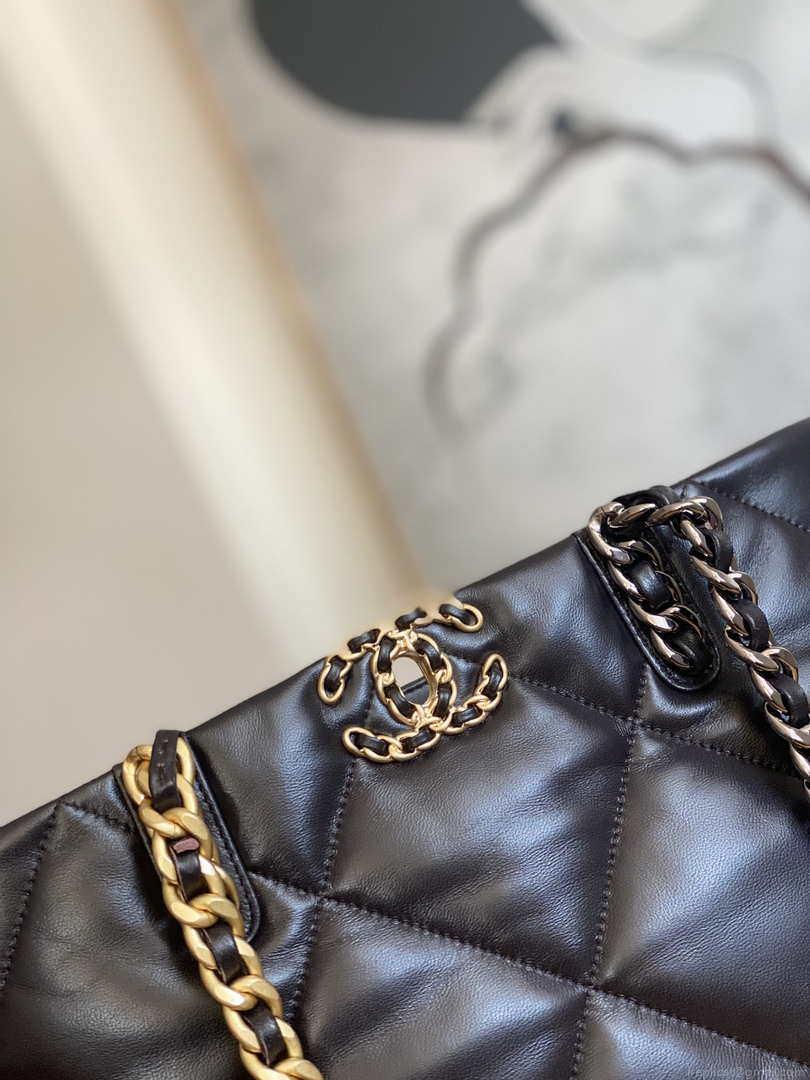Chanel 19 Shopping Bag Shiny Lambskin AS3660 Gold-Tone Silver-Tone & Ruthenium-Finish Metal Dark Brown