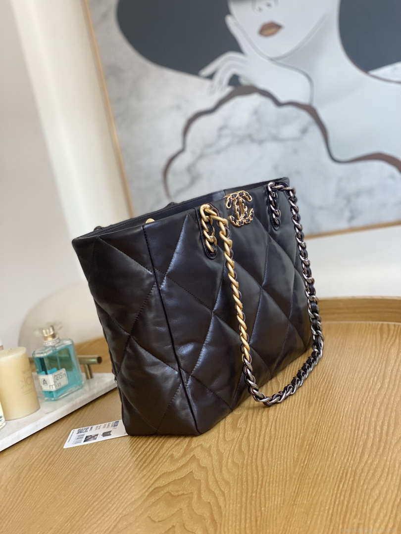 Chanel 19 Shopping Bag Shiny Lambskin AS3660 Gold-Tone Silver-Tone & Ruthenium-Finish Metal Dark Brown