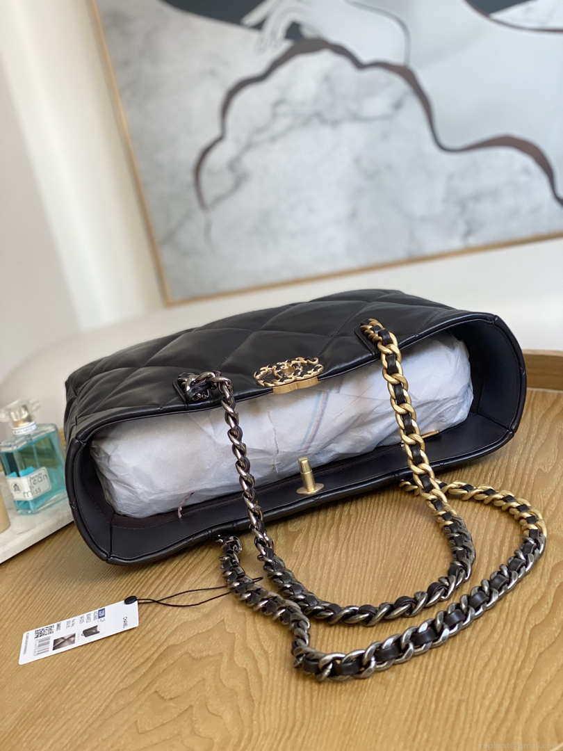Chanel 19 Shopping Bag Shiny Lambskin AS3660 Gold-Tone Silver-Tone & Ruthenium-Finish Metal Dark Brown