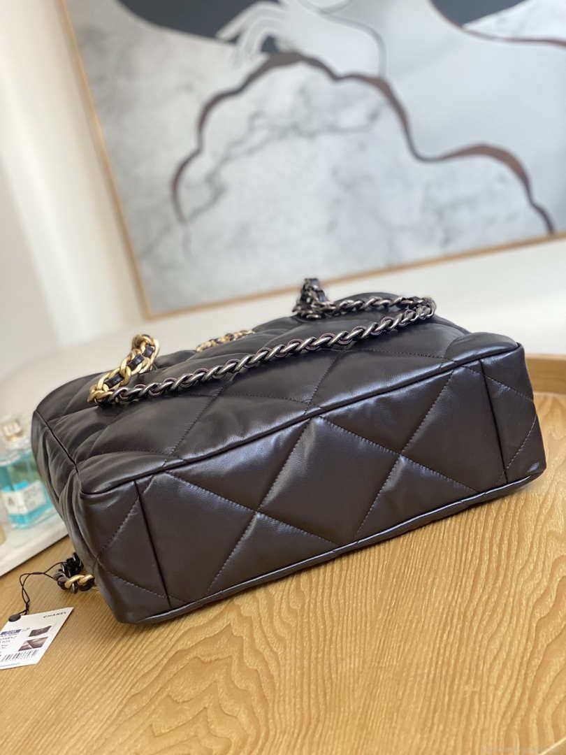 Chanel 19 Shopping Bag Shiny Lambskin AS3660 Gold-Tone Silver-Tone & Ruthenium-Finish Metal Dark Brown