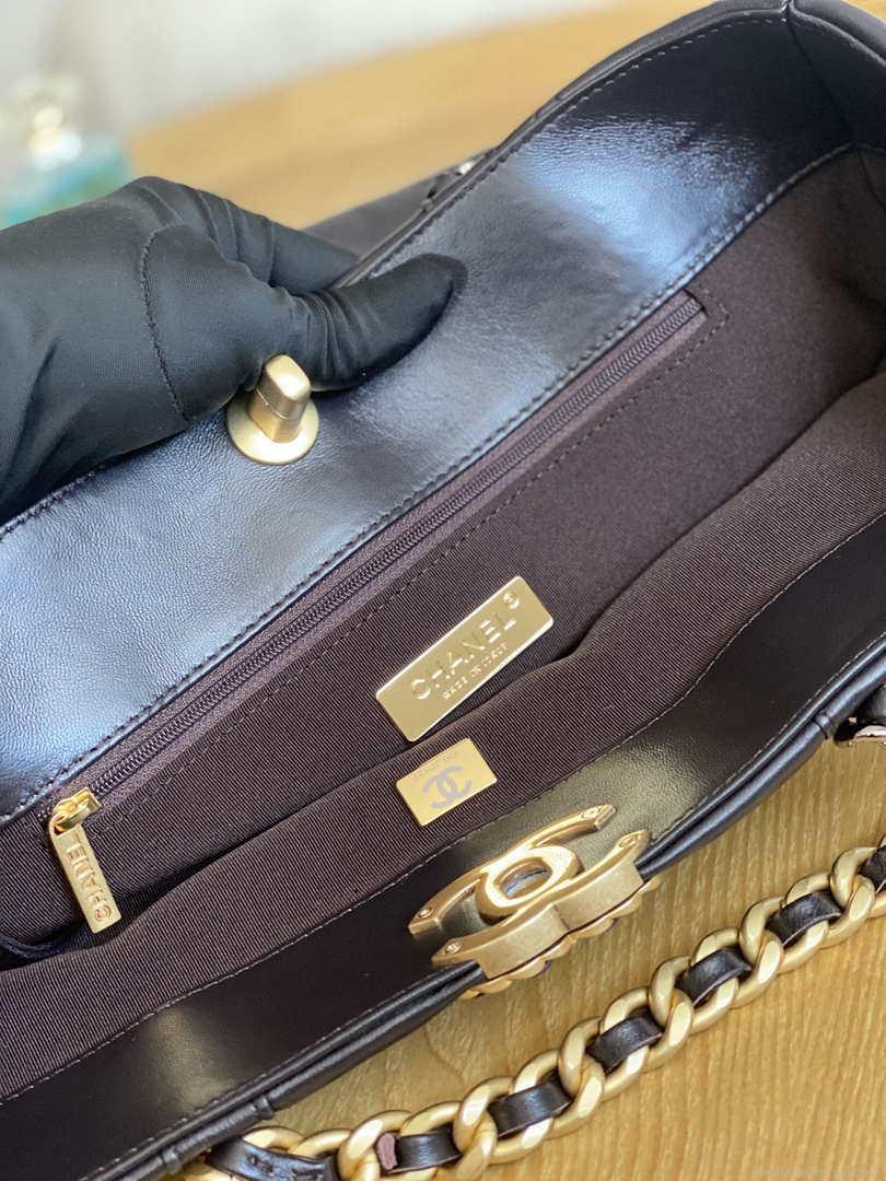 Chanel 19 Shopping Bag Shiny Lambskin AS3660 Gold-Tone Silver-Tone & Ruthenium-Finish Metal Dark Brown