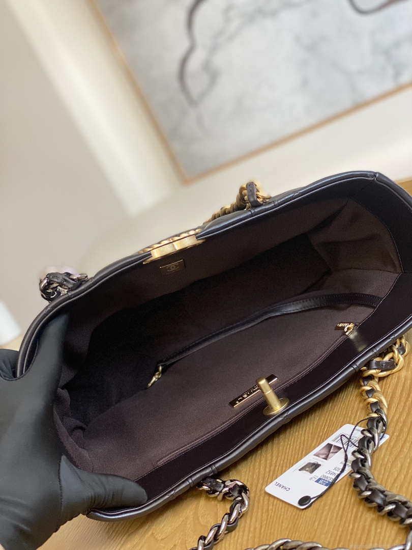 Chanel 19 Shopping Bag Shiny Lambskin AS3660 Gold-Tone Silver-Tone & Ruthenium-Finish Metal Dark Brown