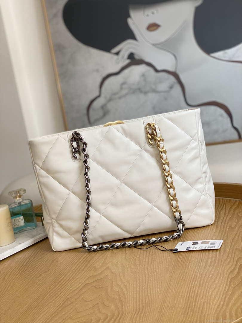 Chanel 19 Shopping Bag Shiny Lambskin AS3660 Gold-Tone Silver-Tone & Ruthenium-Finish Metal White