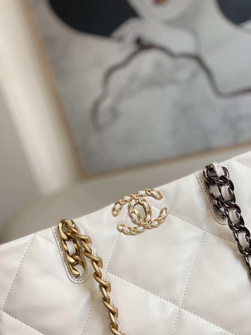 Chanel 19 Shopping Bag Shiny Lambskin AS3660 Gold-Tone Silver-Tone & Ruthenium-Finish Metal White