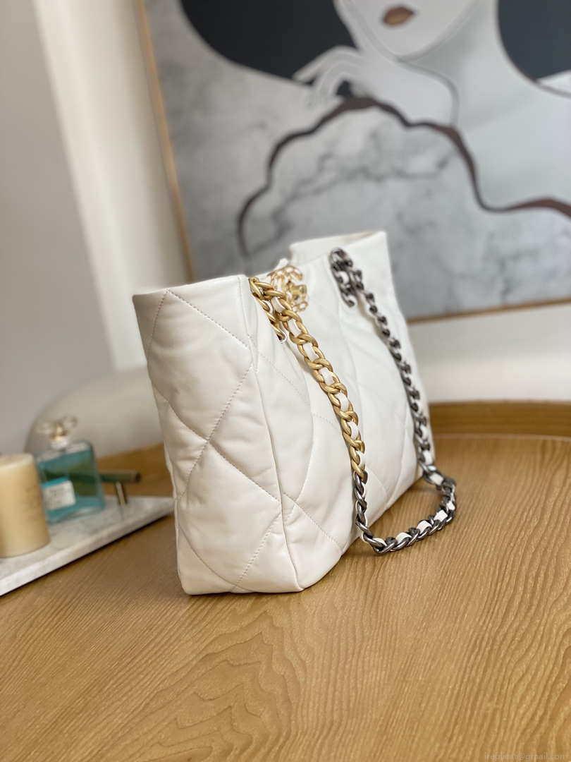 Chanel 19 Shopping Bag Shiny Lambskin AS3660 Gold-Tone Silver-Tone & Ruthenium-Finish Metal White