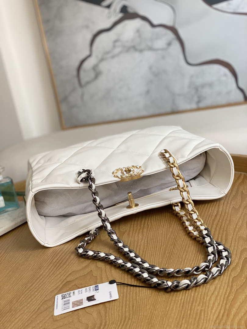 Chanel 19 Shopping Bag Shiny Lambskin AS3660 Gold-Tone Silver-Tone & Ruthenium-Finish Metal White