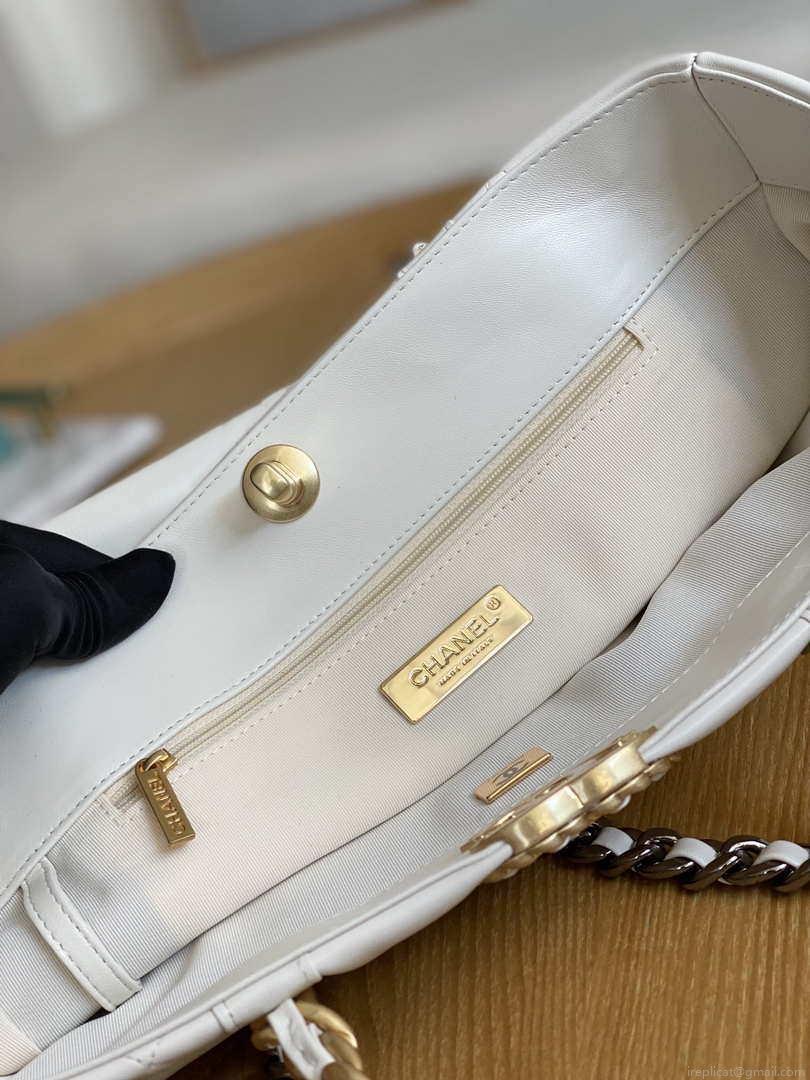 Chanel 19 Shopping Bag Shiny Lambskin AS3660 Gold-Tone Silver-Tone & Ruthenium-Finish Metal White