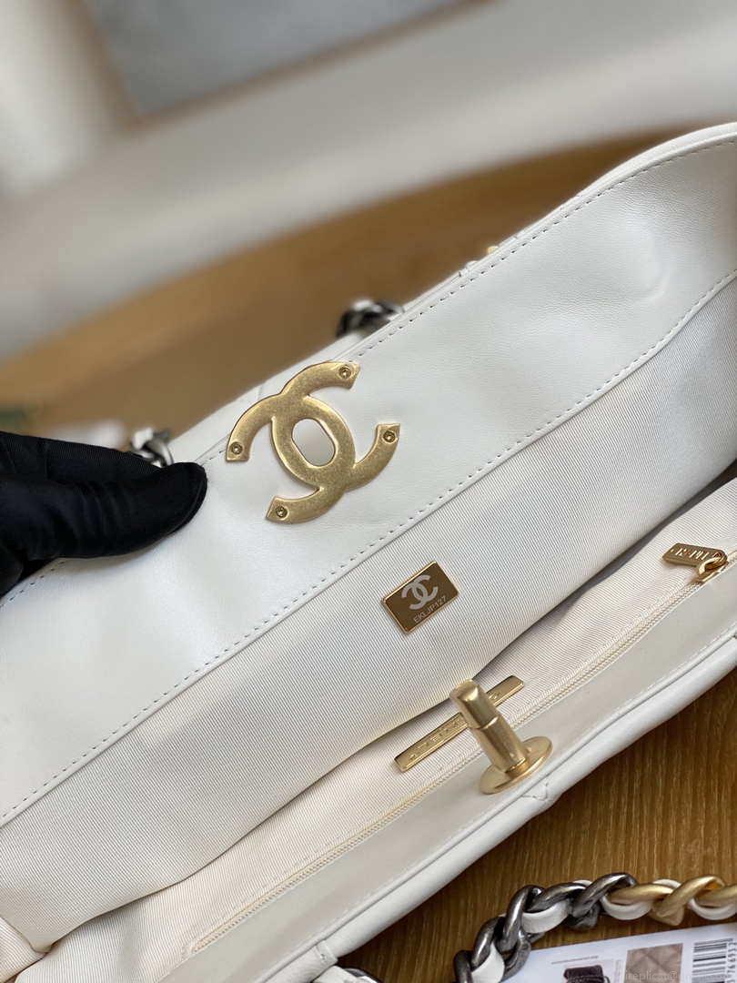 Chanel 19 Shopping Bag Shiny Lambskin AS3660 Gold-Tone Silver-Tone & Ruthenium-Finish Metal White