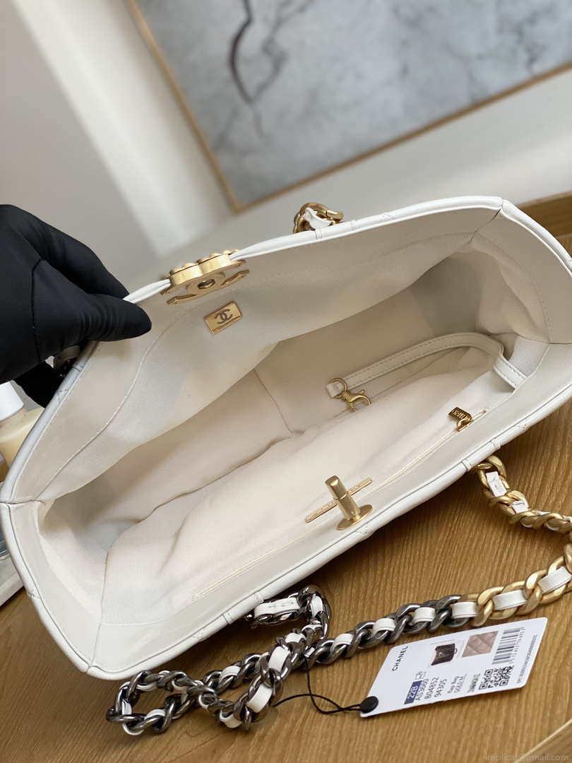 Chanel 19 Shopping Bag Shiny Lambskin AS3660 Gold-Tone Silver-Tone & Ruthenium-Finish Metal White