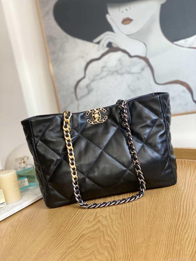 Chanel 19 Shopping Bag Shiny Lambskin AS3660 Gold-Tone Silver-Tone & Ruthenium-Finish Metal Black
