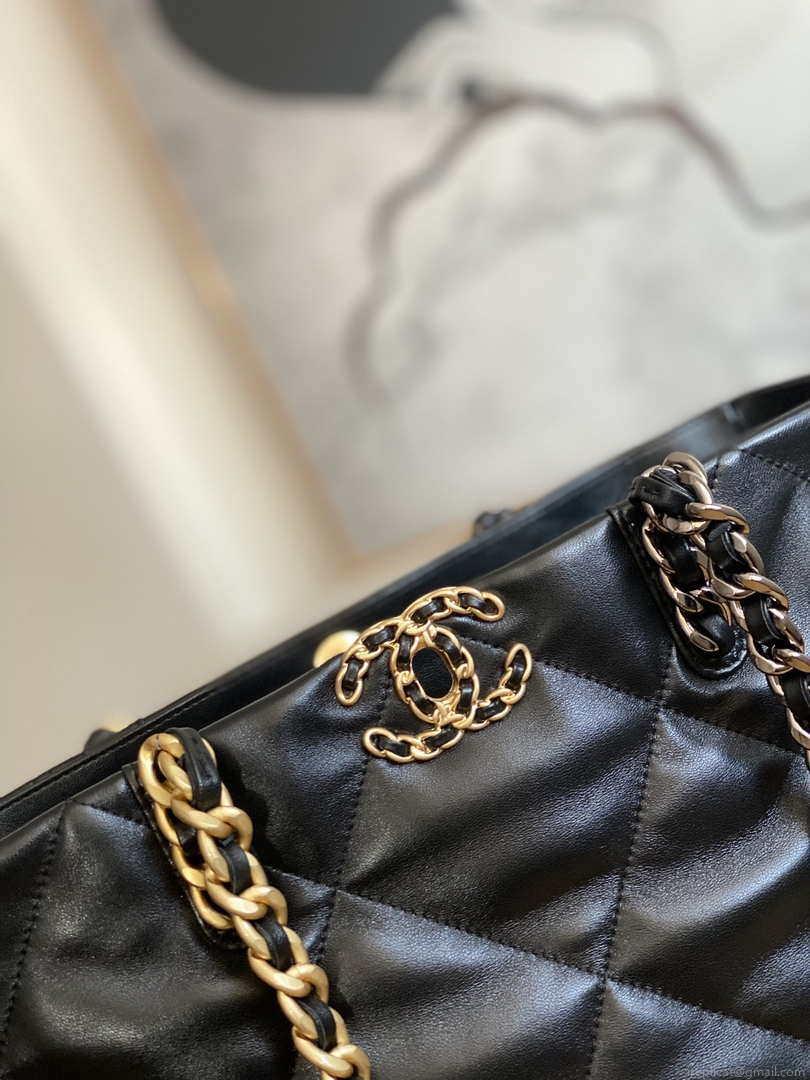 Chanel 19 Shopping Bag Shiny Lambskin AS3660 Gold-Tone Silver-Tone & Ruthenium-Finish Metal Black