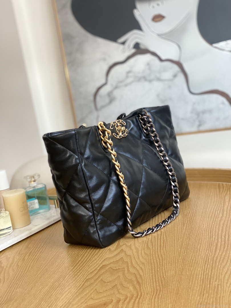 Chanel 19 Shopping Bag Shiny Lambskin AS3660 Gold-Tone Silver-Tone & Ruthenium-Finish Metal Black