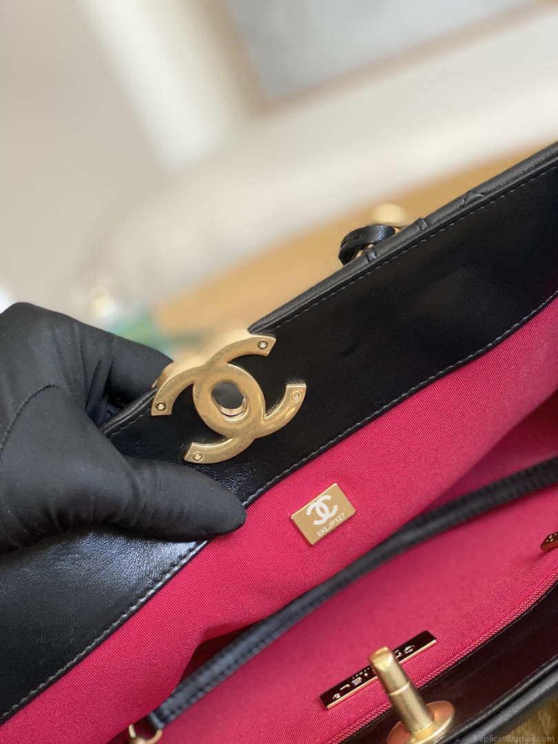 Chanel 19 Shopping Bag Shiny Lambskin AS3660 Gold-Tone Silver-Tone & Ruthenium-Finish Metal Black