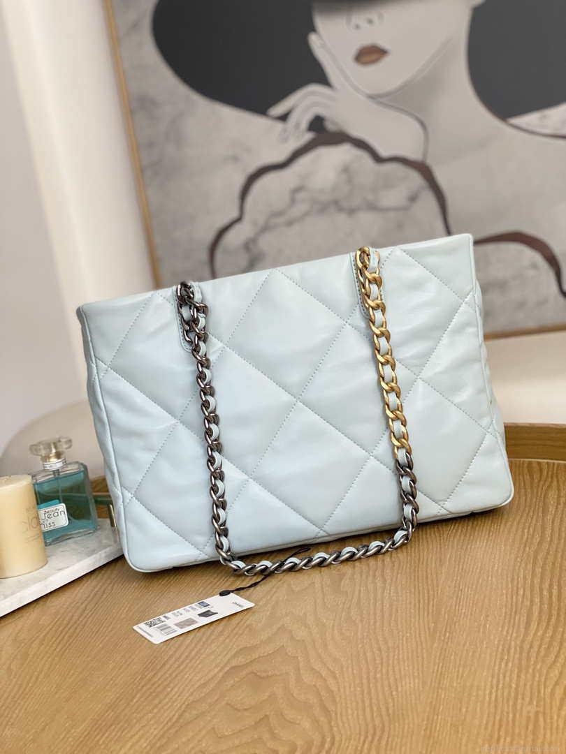 Chanel 19 Shopping Bag Shiny Lambskin AS3660 Gold-Tone Silver-Tone & Ruthenium-Finish Metal Light Blue