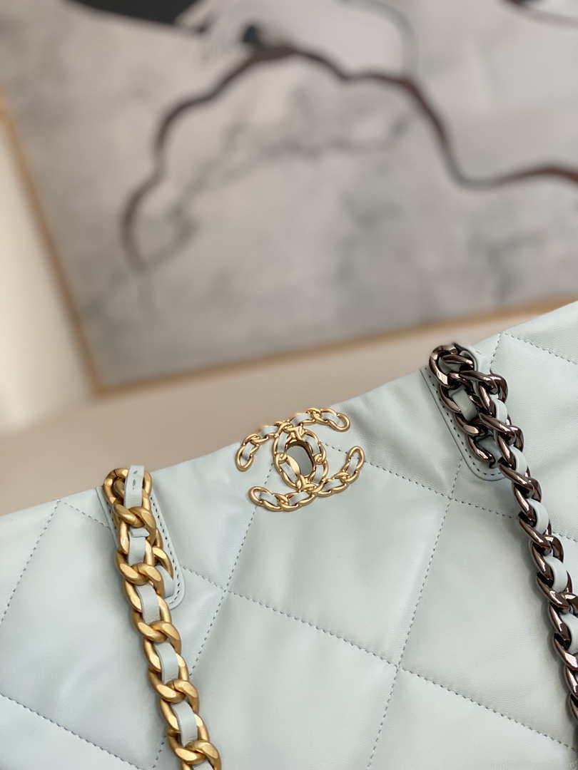 Chanel 19 Shopping Bag Shiny Lambskin AS3660 Gold-Tone Silver-Tone & Ruthenium-Finish Metal Light Blue