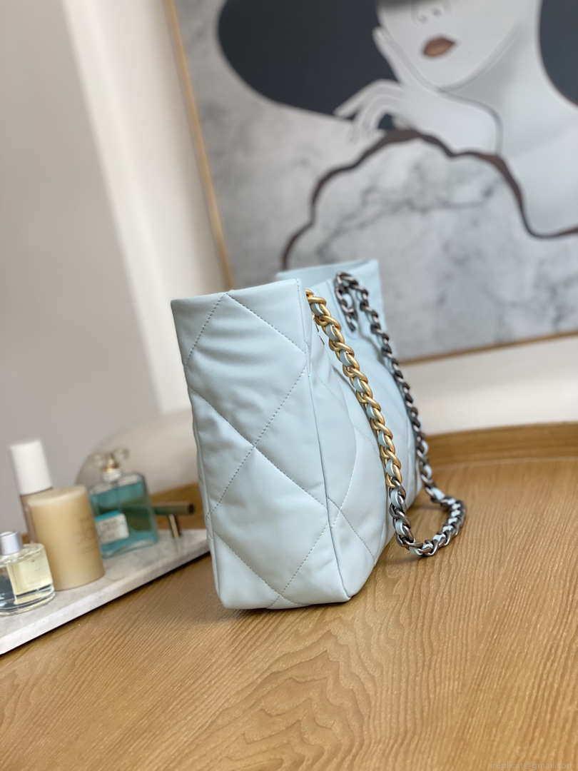 Chanel 19 Shopping Bag Shiny Lambskin AS3660 Gold-Tone Silver-Tone & Ruthenium-Finish Metal Light Blue