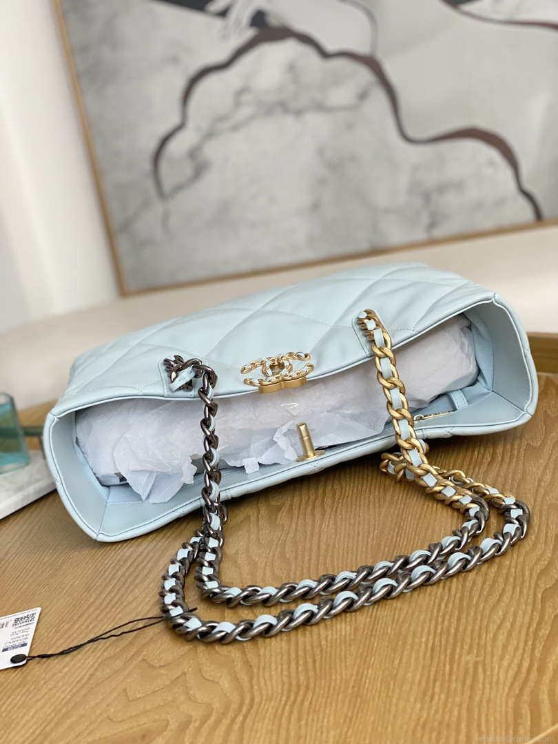 Chanel 19 Shopping Bag Shiny Lambskin AS3660 Gold-Tone Silver-Tone & Ruthenium-Finish Metal Light Blue