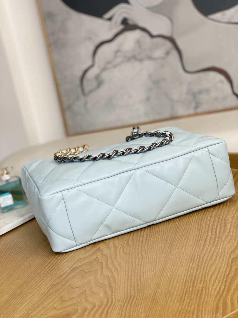 Chanel 19 Shopping Bag Shiny Lambskin AS3660 Gold-Tone Silver-Tone & Ruthenium-Finish Metal Light Blue