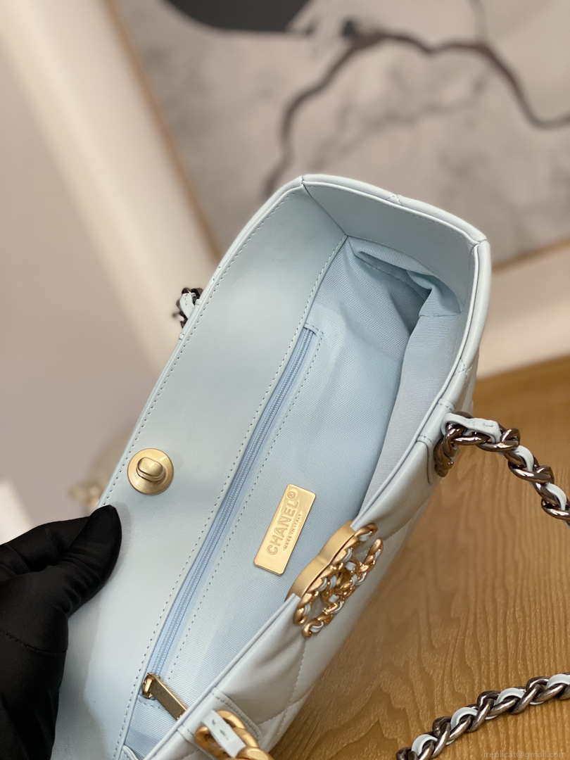Chanel 19 Shopping Bag Shiny Lambskin AS3660 Gold-Tone Silver-Tone & Ruthenium-Finish Metal Light Blue
